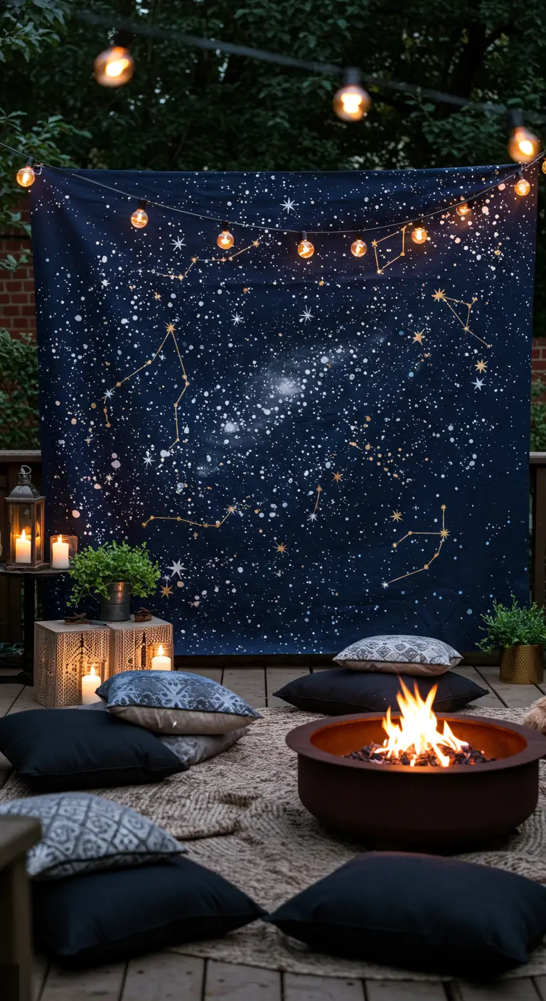 A dark blue tapestry with painted stars and constellations hangs on a deck with a fire pit.