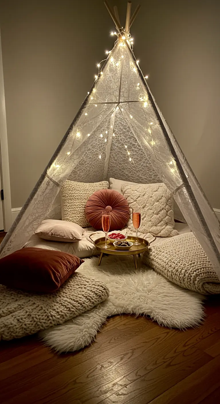 An indoor lace teepee filled with pillows and lit by fairy lights, with two glasses of rosé.