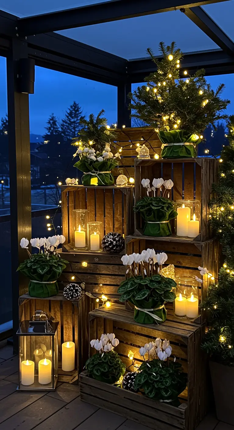 Evening patio with stacked crates, fairy lights, velvet-wrapped plants, cyclamen, and candles.