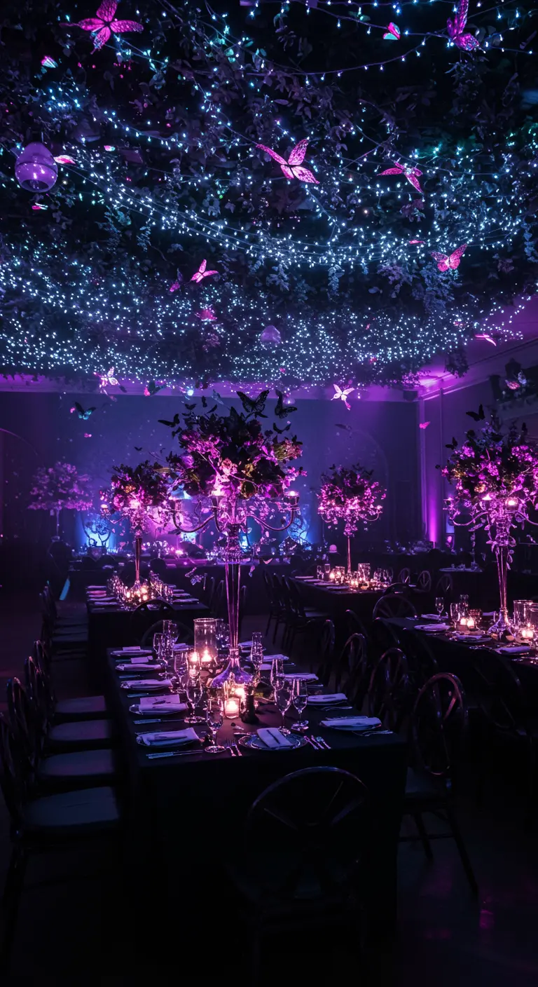 A dramatic party scene with a purple-lit ceiling of twinkling lights and butterflies.