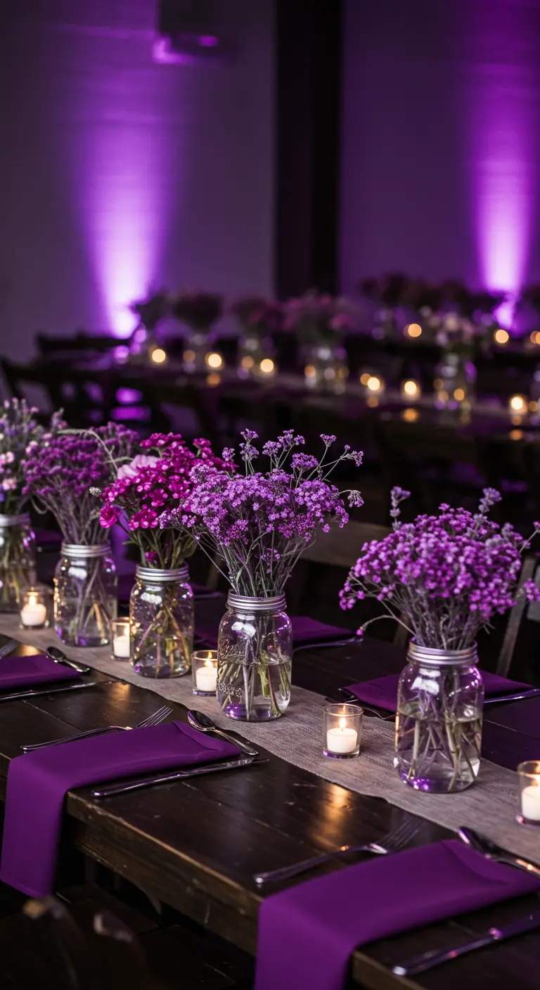 Wedding tables with purple floral arrangements in Mason jars, illuminated by dramatic purple uplighting.