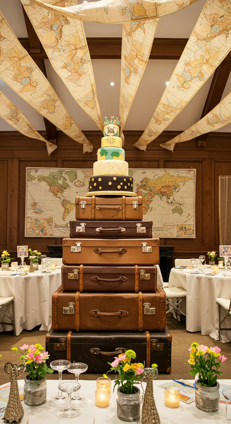 Ceiling draped with map-printed fabric strips over a cake on suitcases.