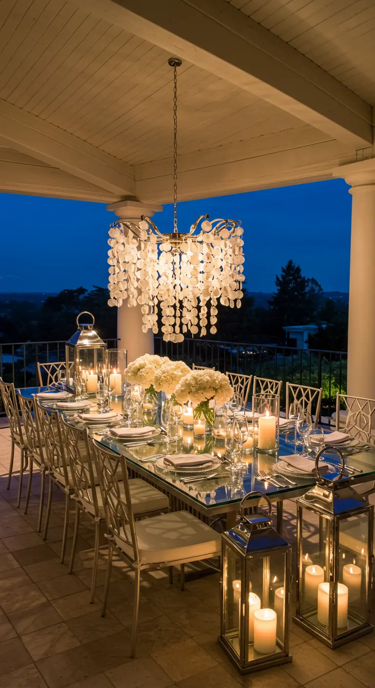 Elegant outdoor dining table under a capiz shell chandelier with lanterns and white flowers.