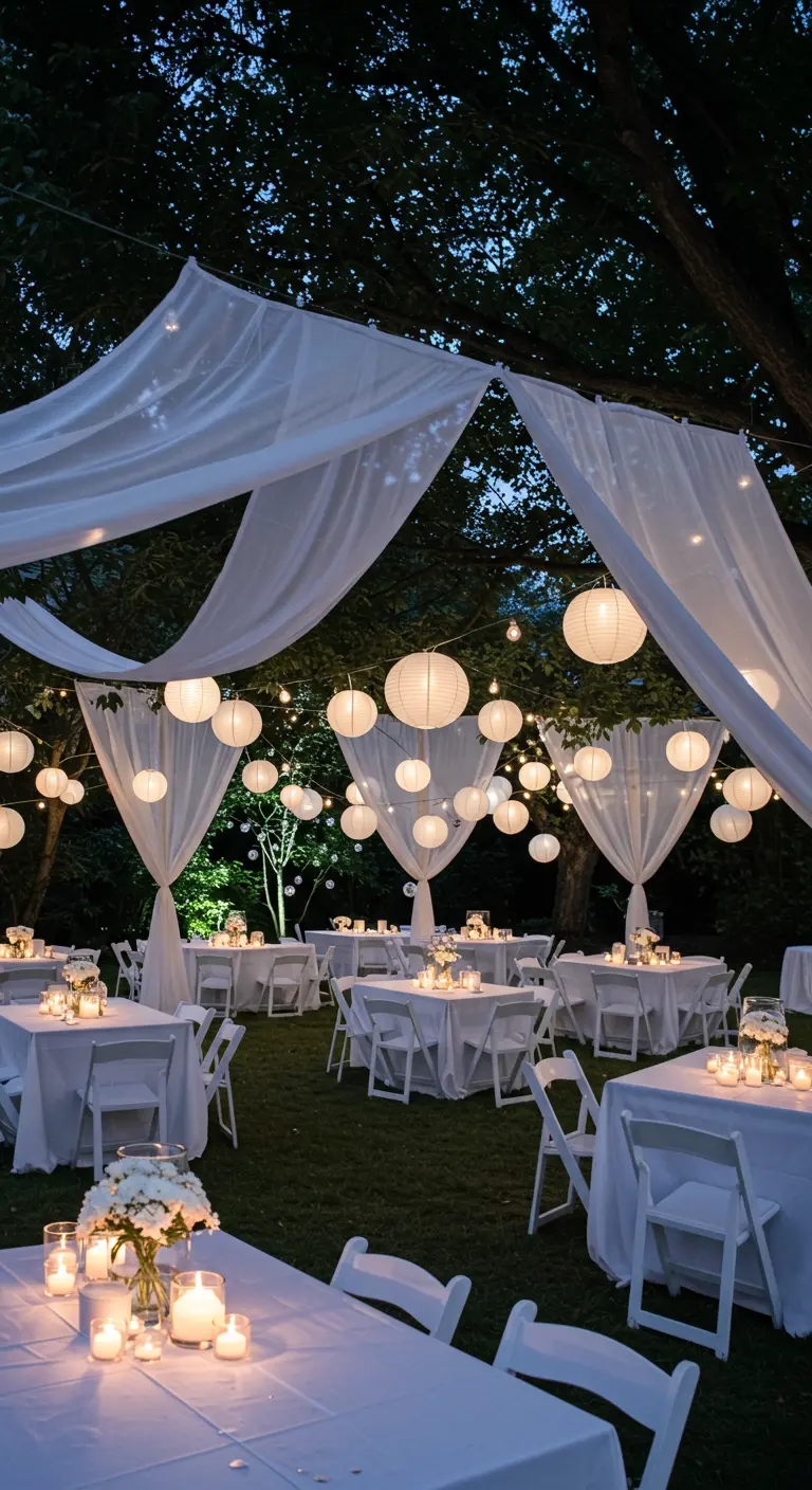 An outdoor evening reception with white fabric canopies and glowing paper lanterns.