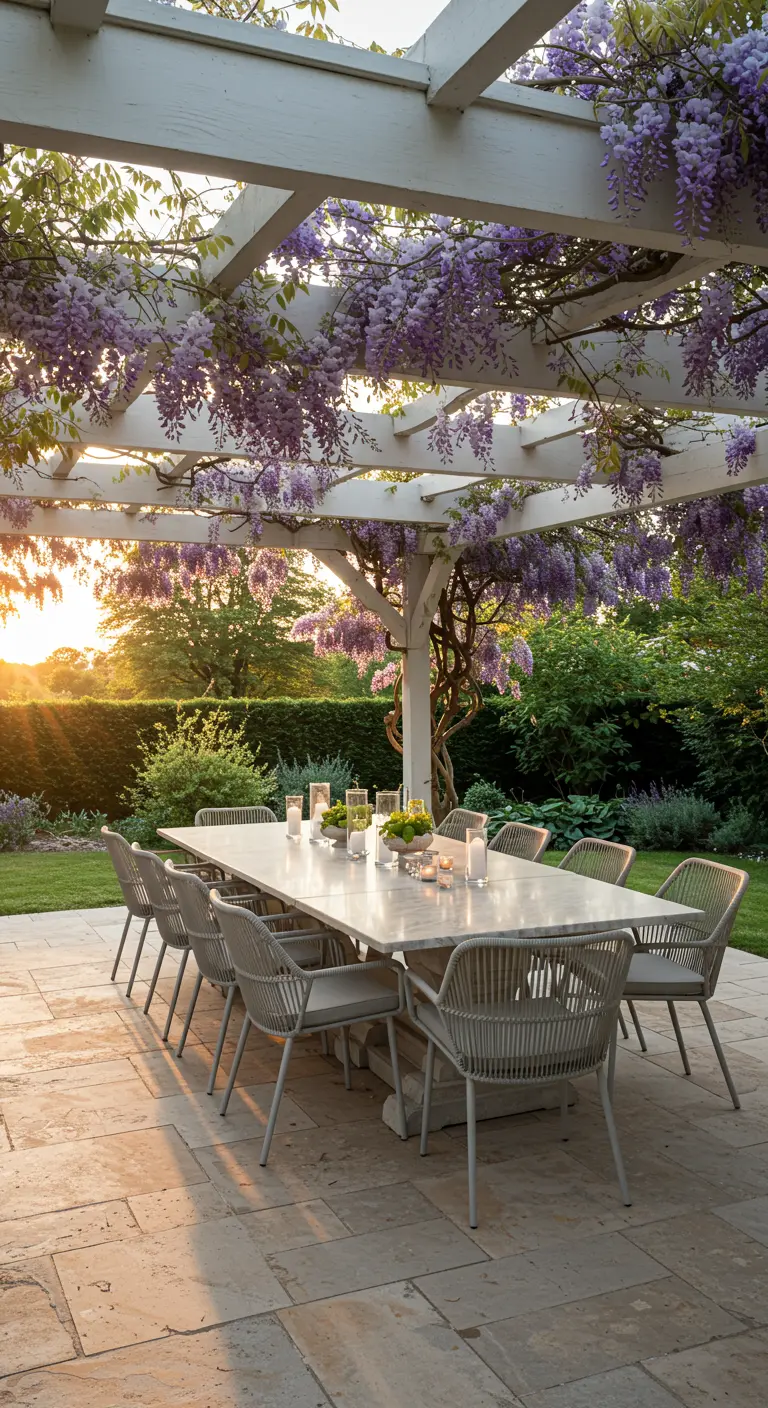 A long marble dining table under a pergola covered in blooming purple wisteria.