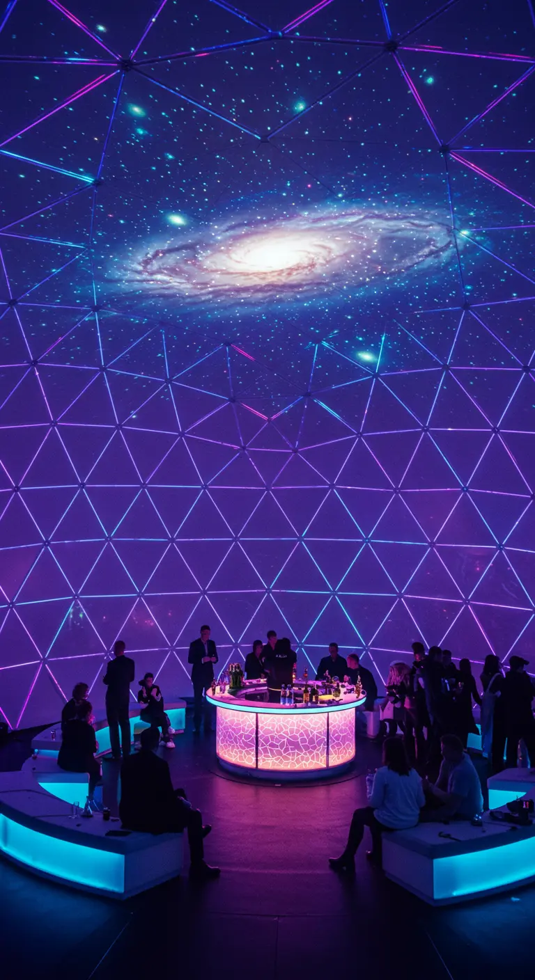 Guests socializing inside a geodesic dome with a galaxy projected onto the entire ceiling.