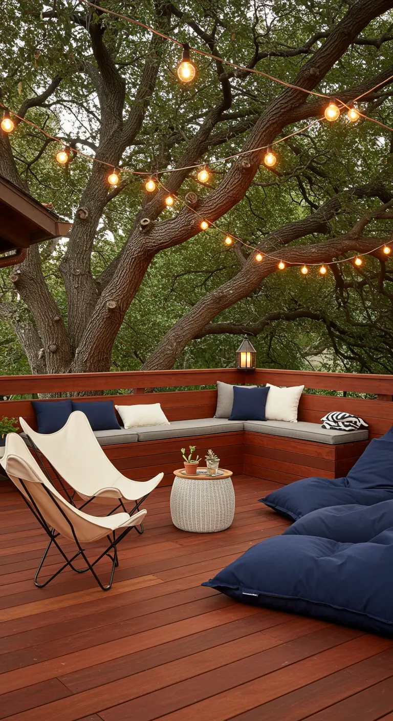 A wooden deck under a large tree, with string lights in the branches and casual seating below.