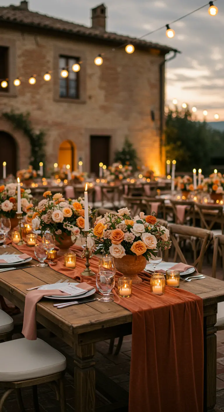 Outdoor wedding table at dusk with a terra cotta runner and arrangements of peach roses.