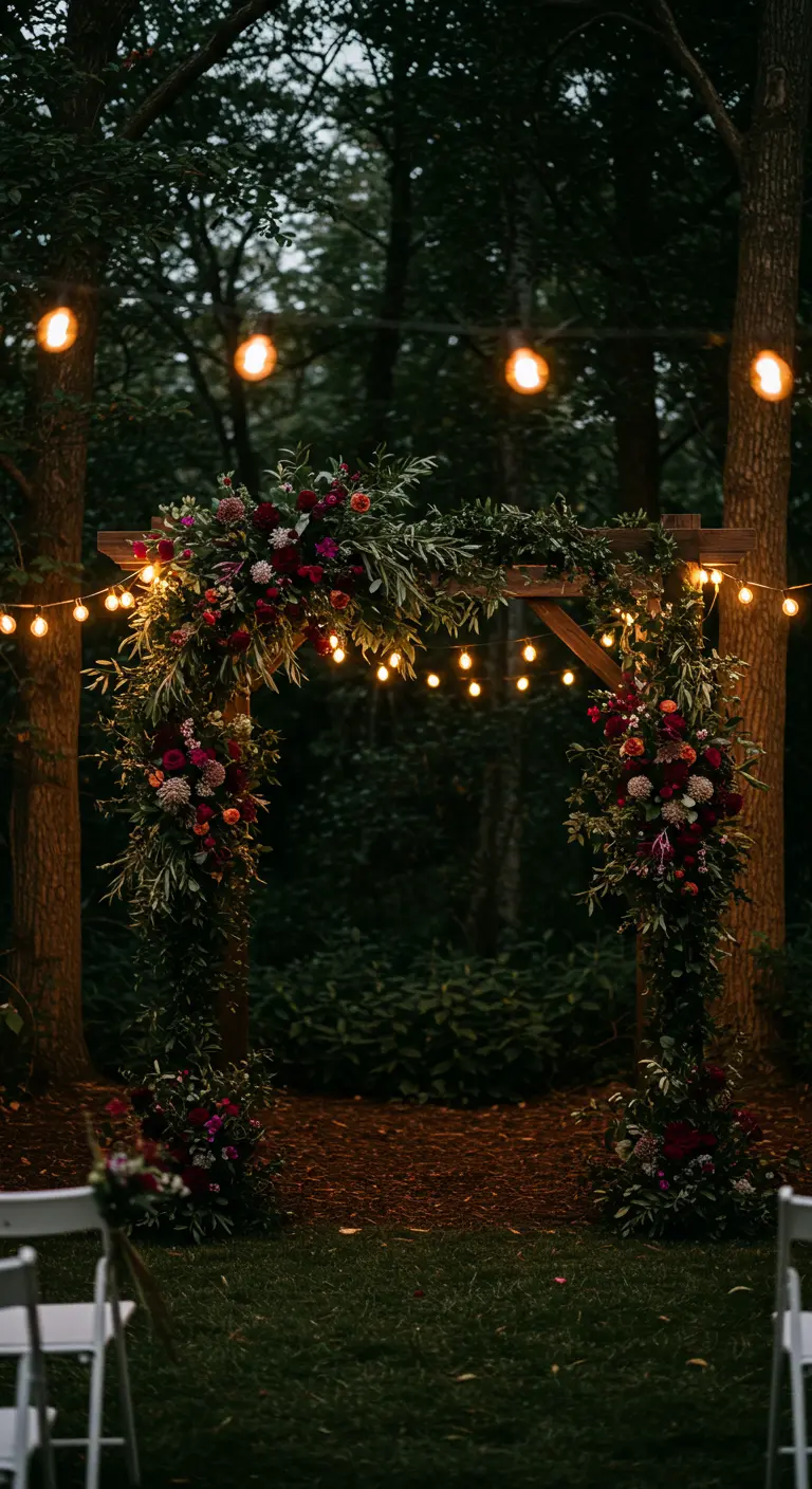 A wooden wedding arch in a dark forest, illuminated by string lights and lush florals.