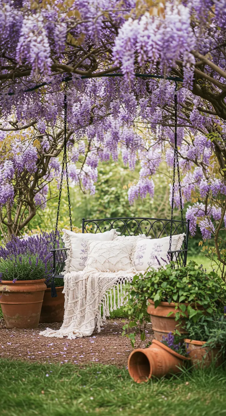 Black iron swing under a canopy of purple wisteria with lavender pots.