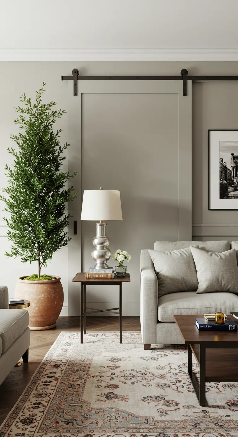 A serene living room in neutral tones with a greige paneled sliding door.