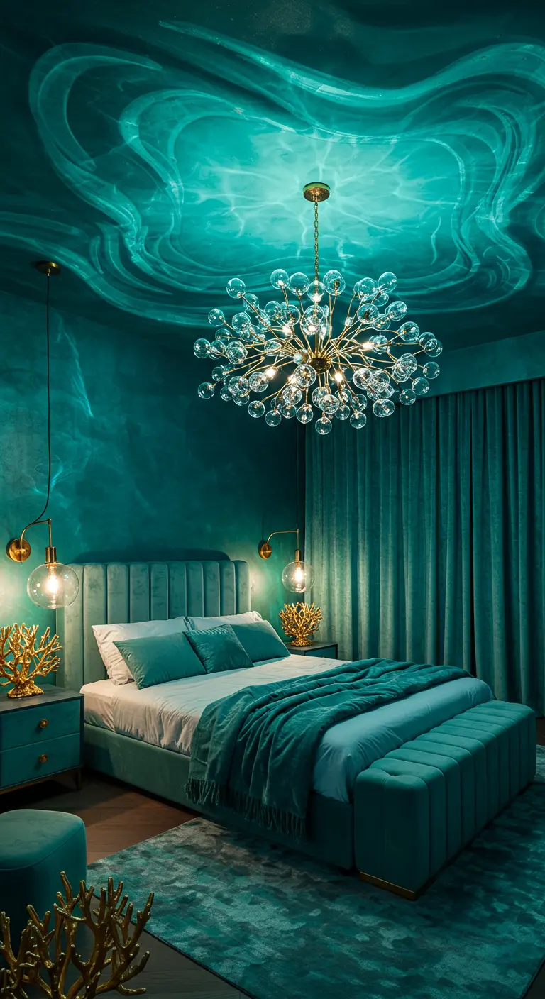 Teal bedroom with a light projection of water on the ceiling and gold coral decor.