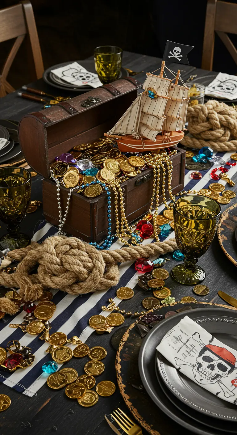 Pirate-themed table with a treasure chest centerpiece overflowing with gold coins and jewels.