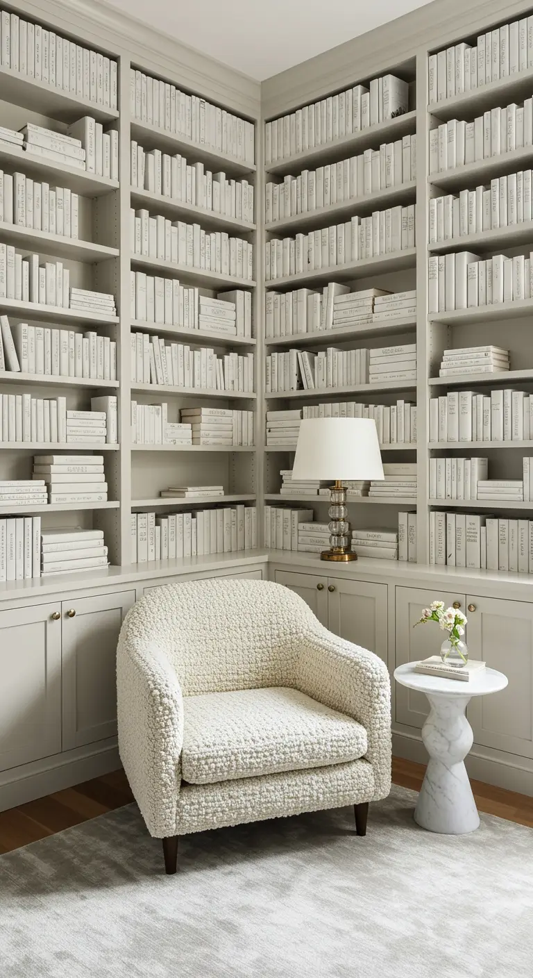 Home library with floor-to-ceiling shelves of white-covered books and a cozy boucle chair.