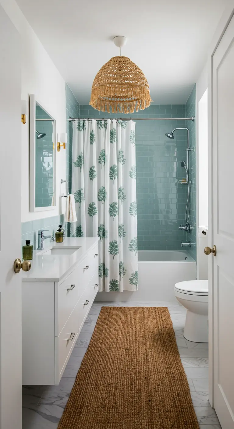 Narrow bathroom with green subway tile and a botanical shower curtain.