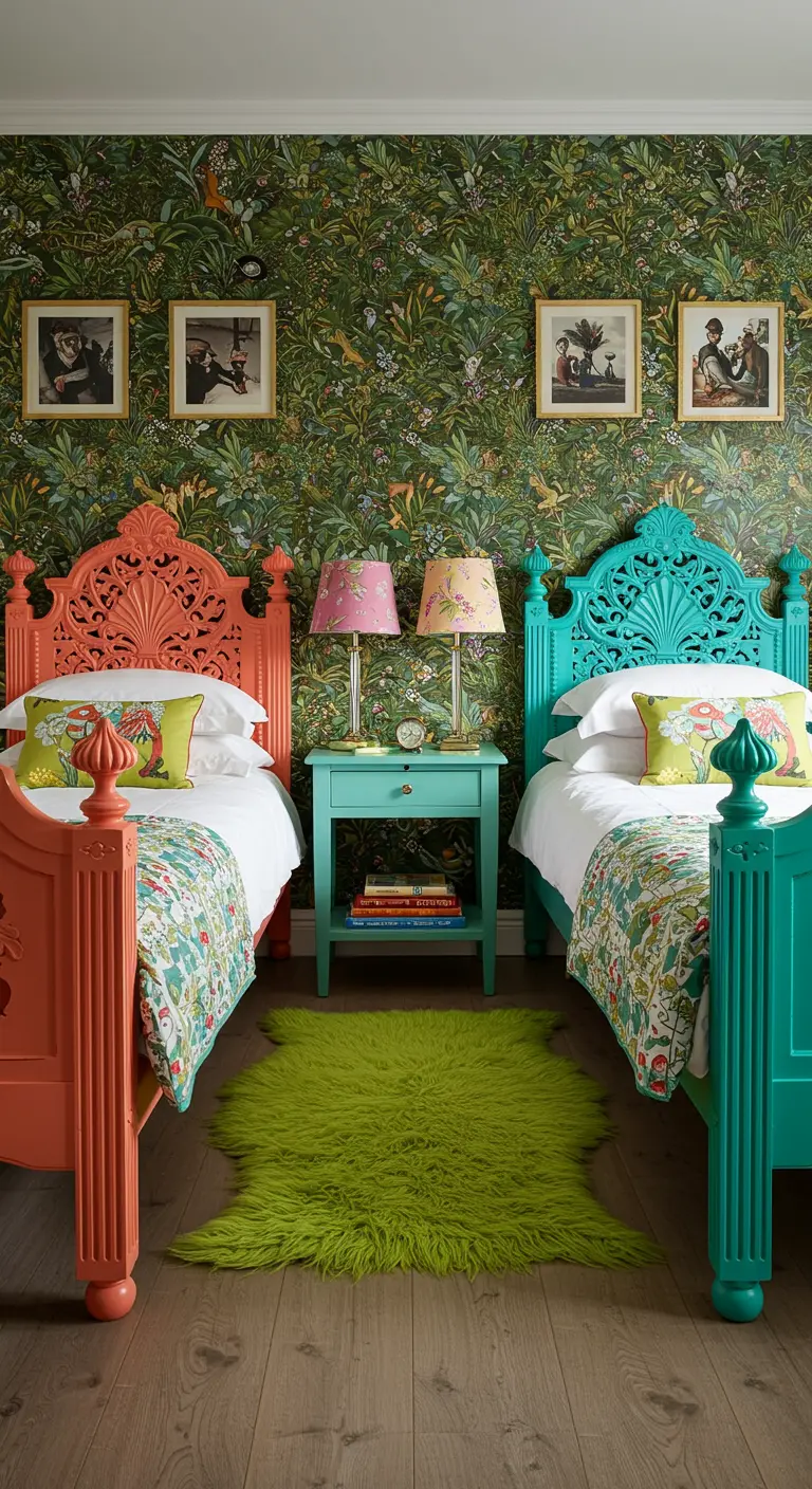 Shared bedroom with coral and teal beds, green botanical wallpaper, and a lime green shag rug.