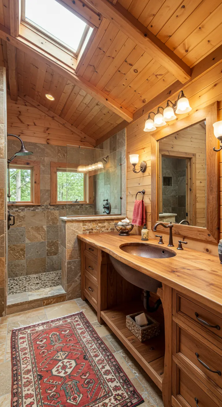 Log cabin style bathroom with a long wood vanity and stone shower.