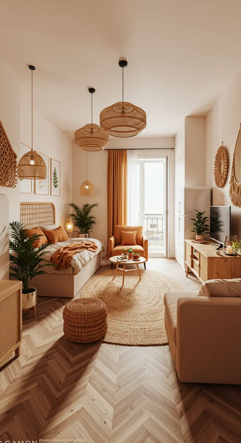 A wide view of a studio apartment with chevron floors, using rattan furniture and rugs to define zones.
