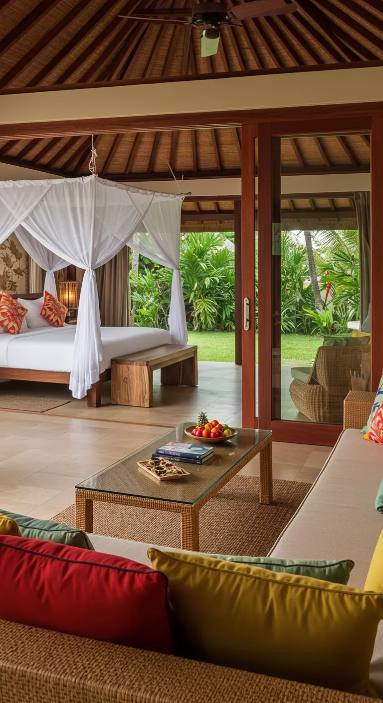 Living room with a woven sofa flowing into a bedroom with a canopy bed.