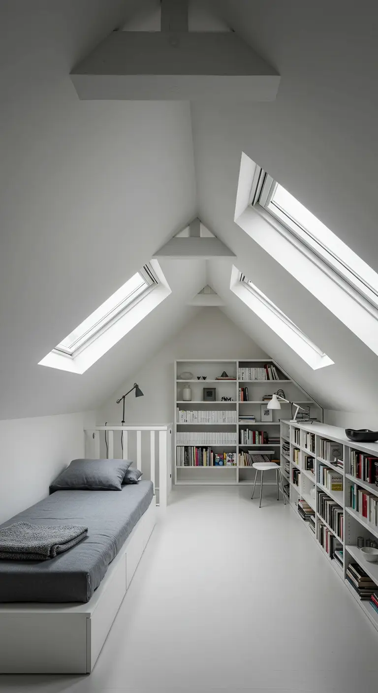 A bright white attic room with slanted skylights, a daybed, and white bookshelves.