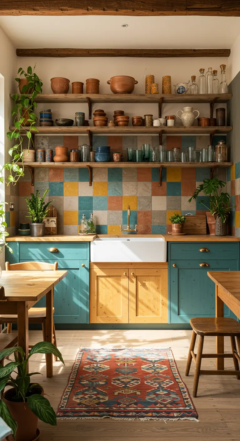 Eclectic kitchen with a colorful patchwork tile backsplash, teal and wood cabinets, and open shelving.