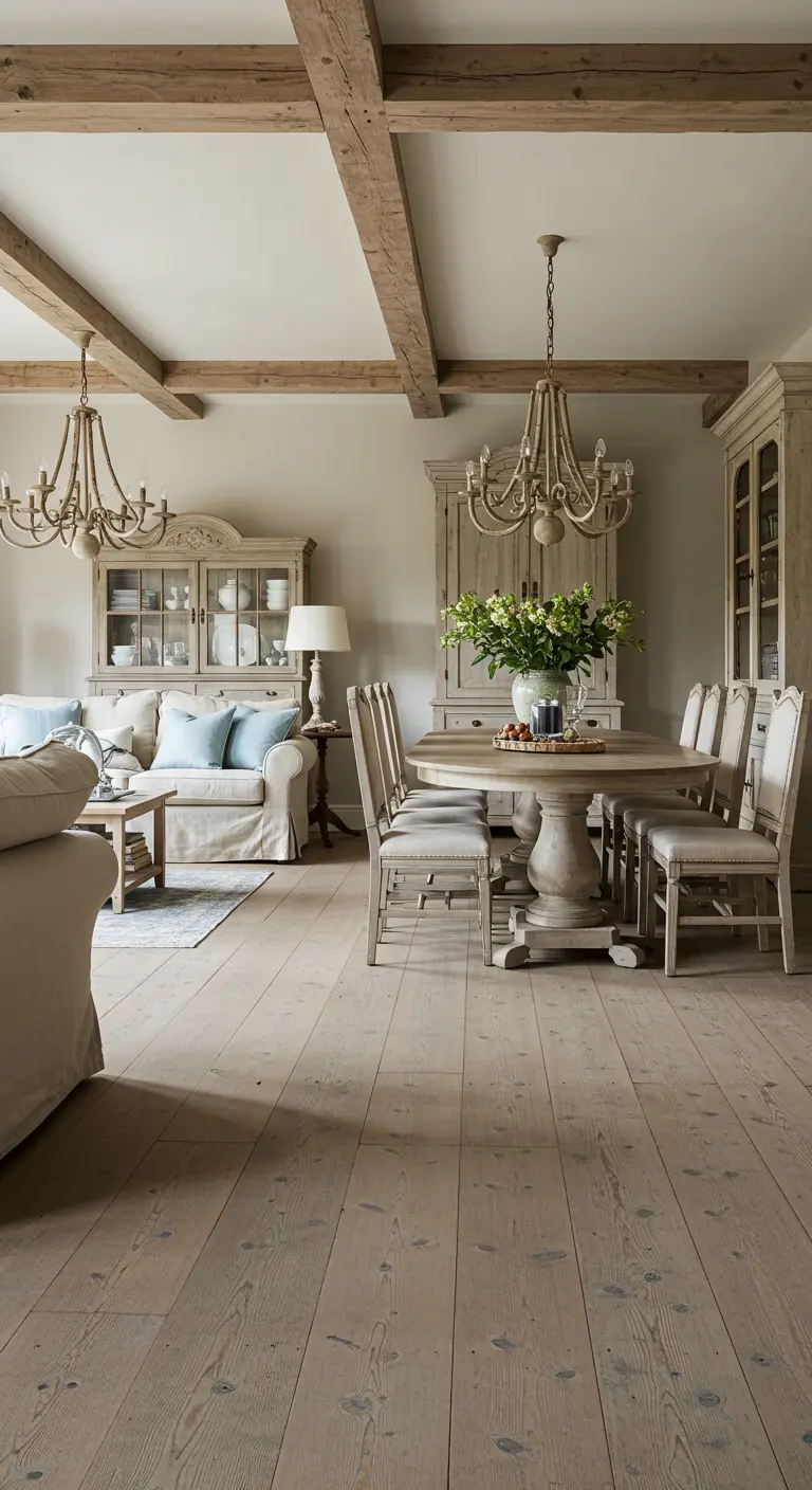 Open-plan living and dining room with neutral tones, wood beams, and matching chandeliers.