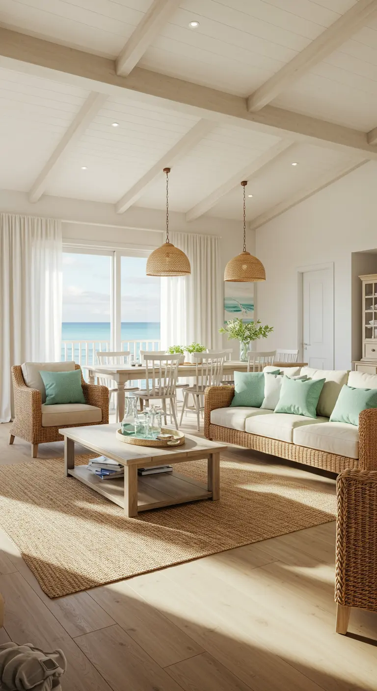 Open-plan coastal living and dining room with large woven pendant lights.