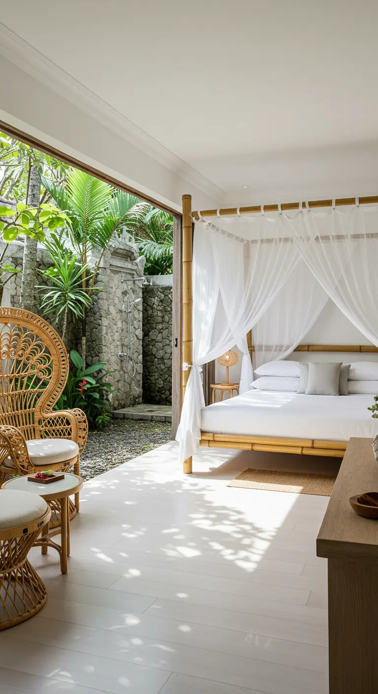 Bamboo canopy bed in a white room opening to an outdoor shower.