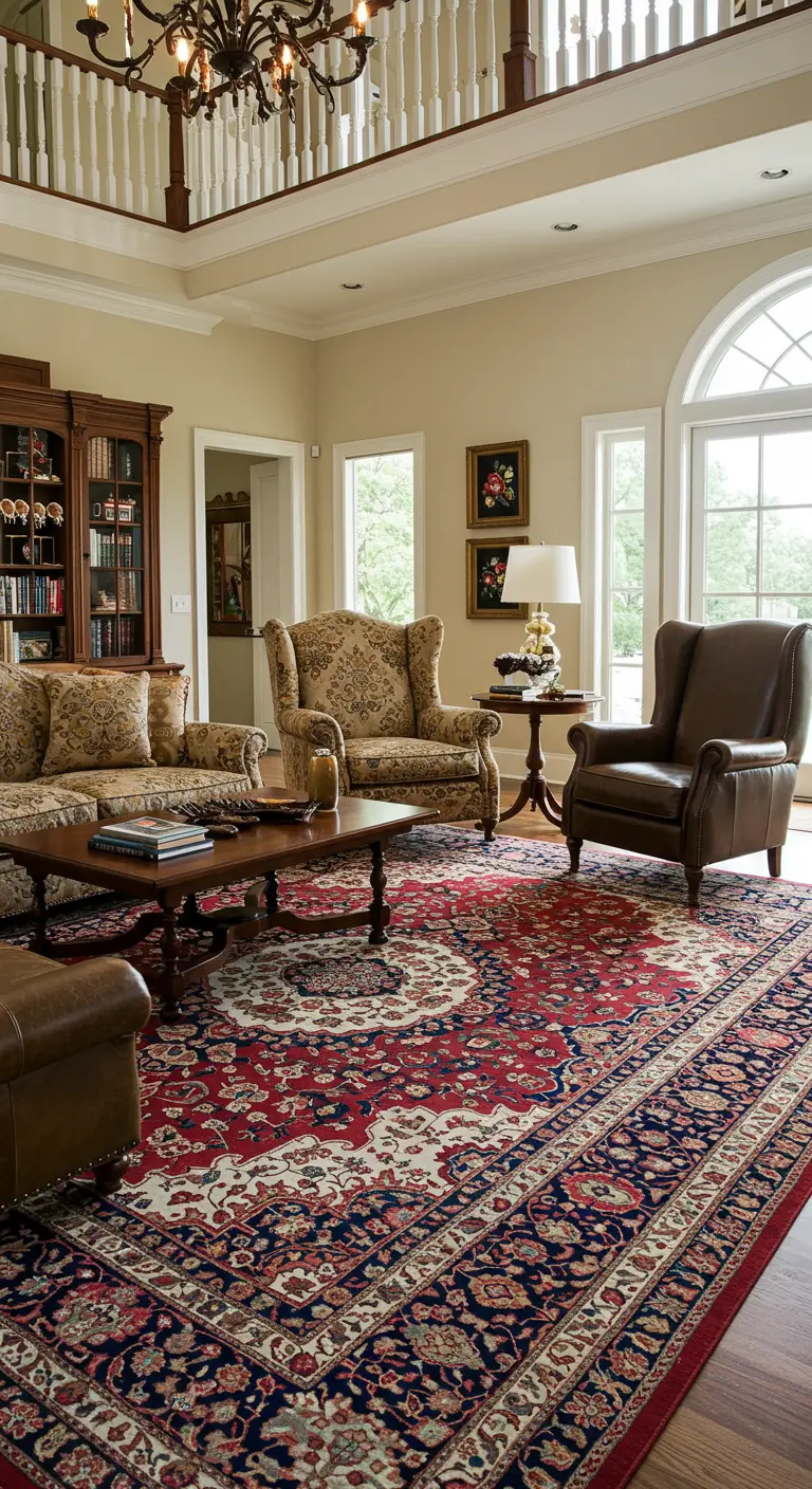 Living room with mixed seating, including leather and fabric wingbacks, unified by a large Oriental rug.