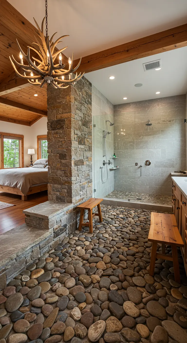 Open-concept bedroom and bathroom separated by a stone pillar, with a continuous river rock floor.