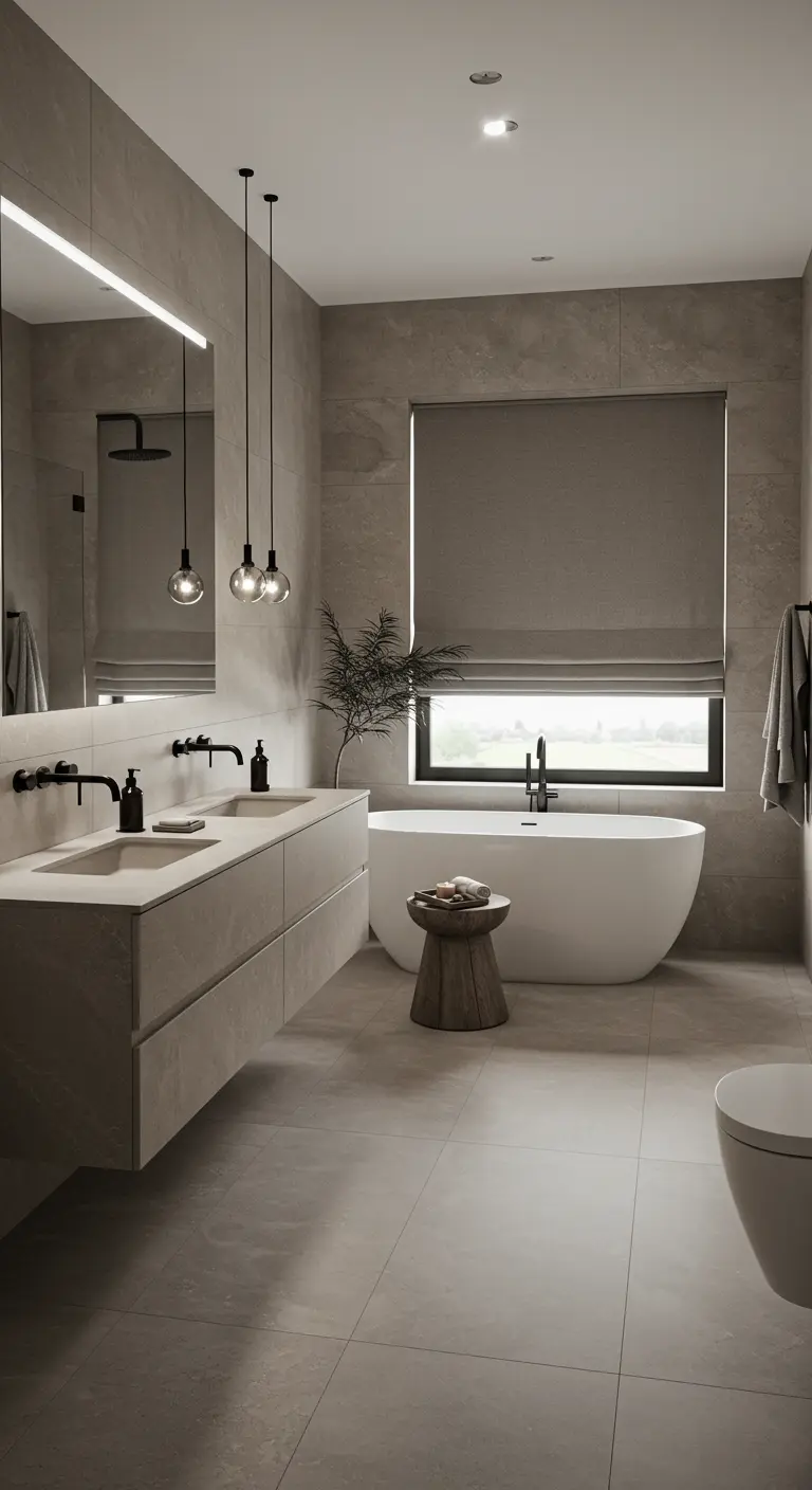 Bathroom with greige tiles, a floating double vanity, and matte black fixtures.