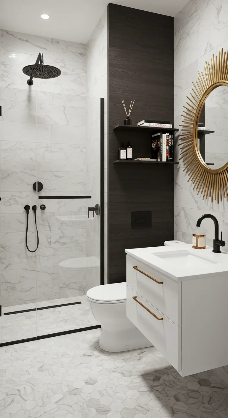 A bathroom featuring a gold sunburst mirror above a white floating vanity.