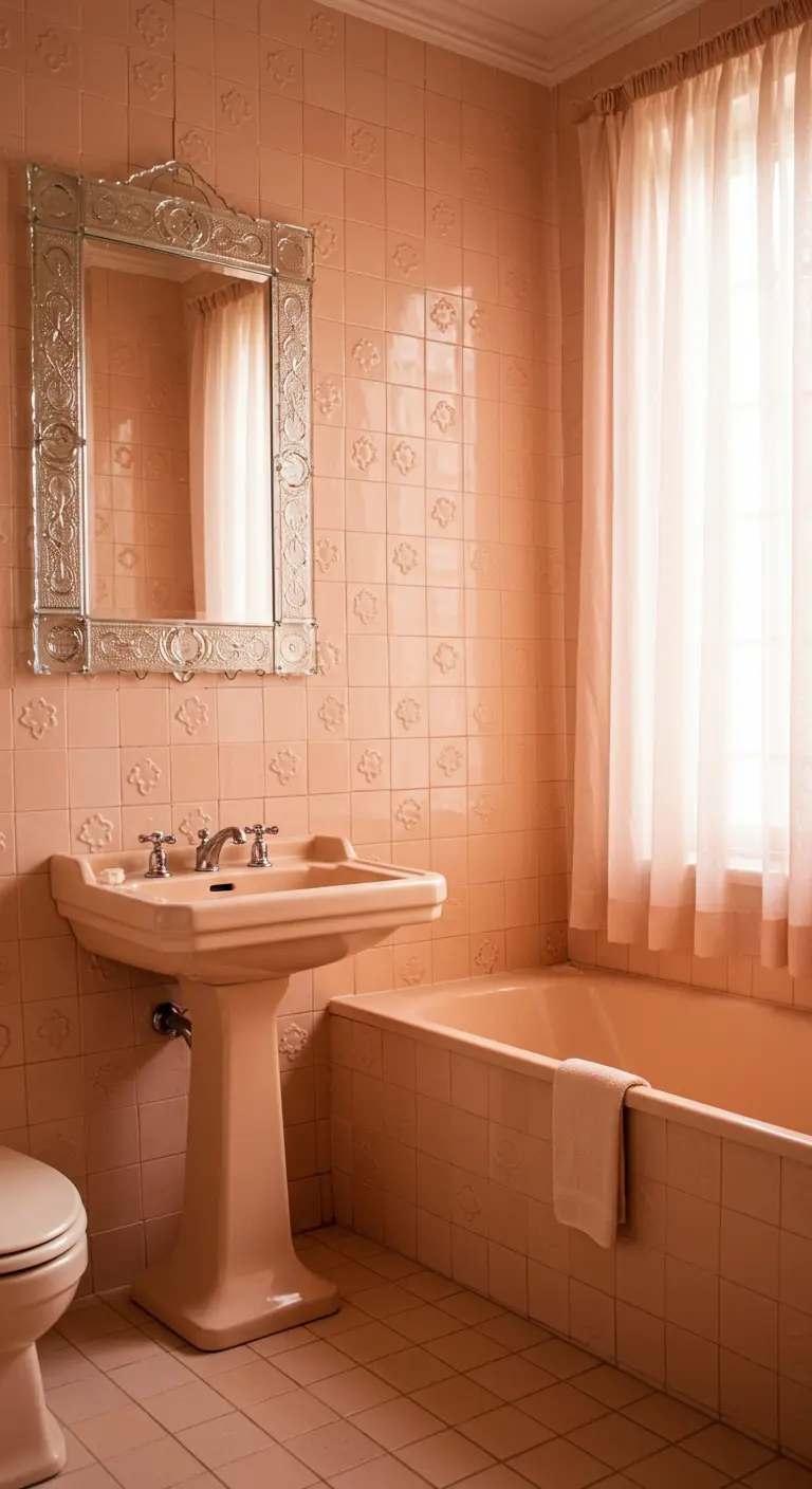 Monochromatic peach bathroom with matching tile and pedestal sink.