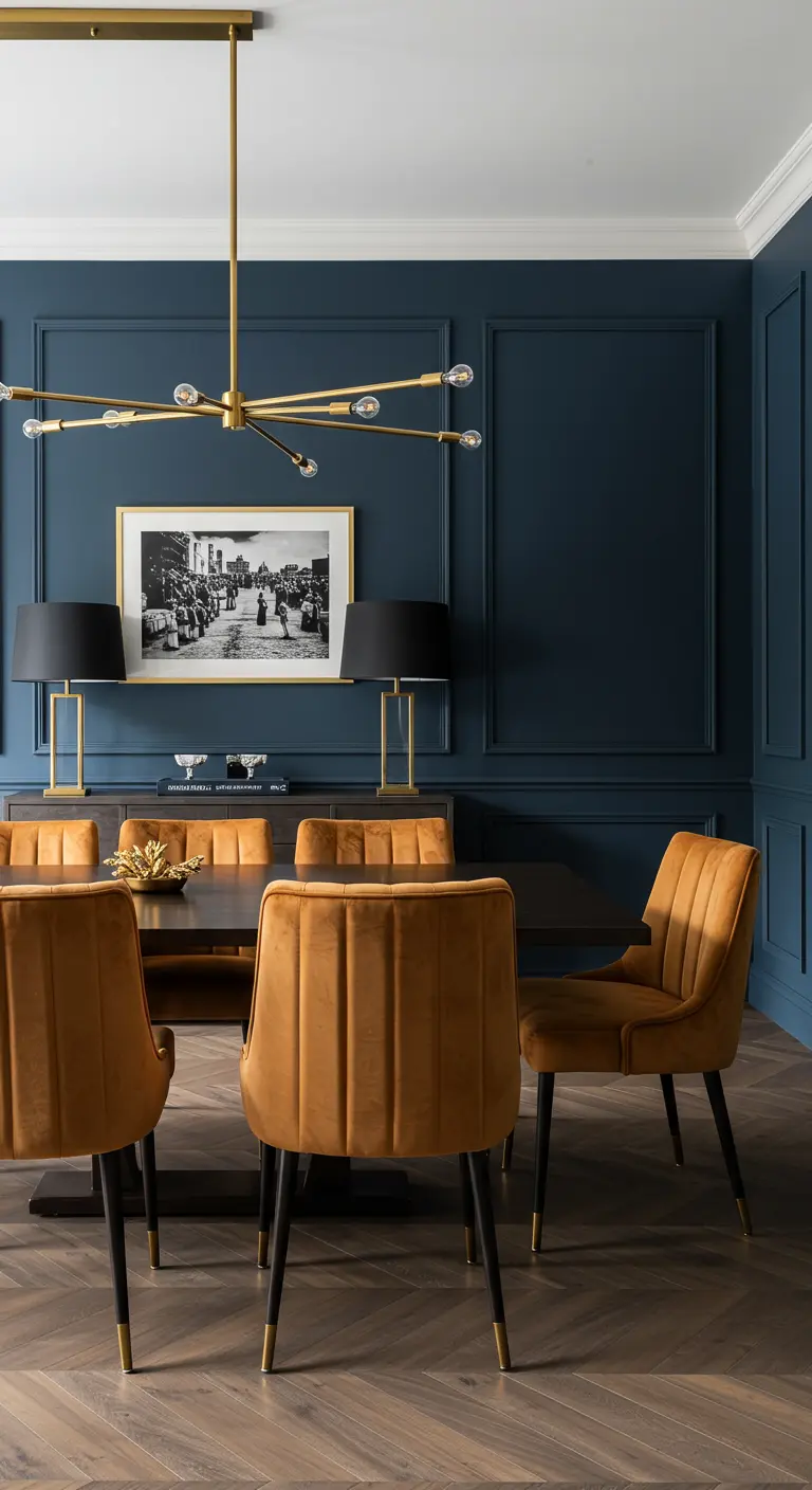 Blue dining room with caramel velvet chairs, a sputnik light, and matching brass lamps.
