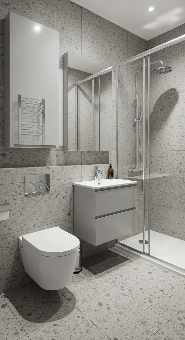 Modern bathroom completely tiled in a light grey terrazzo pattern.