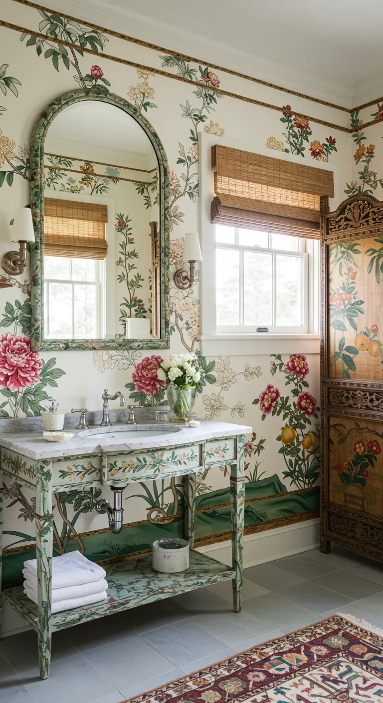 Bathroom with floral Chinoiserie wallpaper and a matching painted vanity.