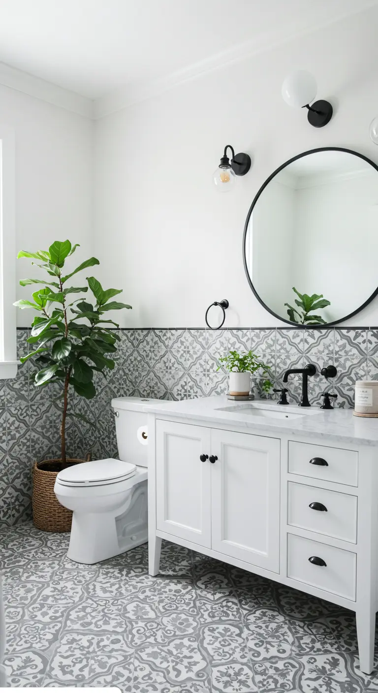 Bathroom with gray and white patterned tile on the floor and halfway up the wall.