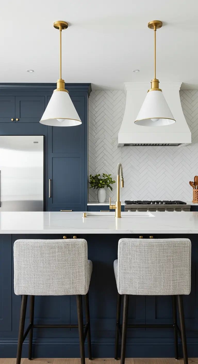 Navy kitchen with a white herringbone tile backsplash and cone-shaped pendant lights.