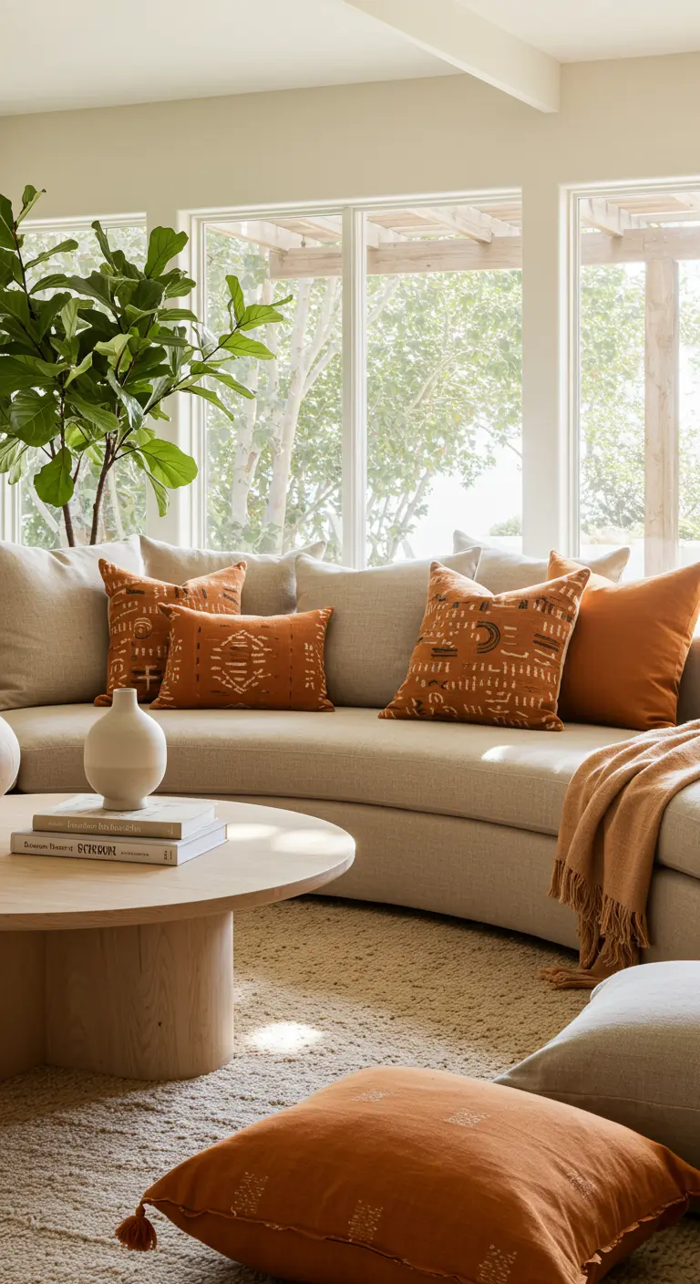 A light beige curved sofa decorated with an assortment of terracotta and patterned pillows.