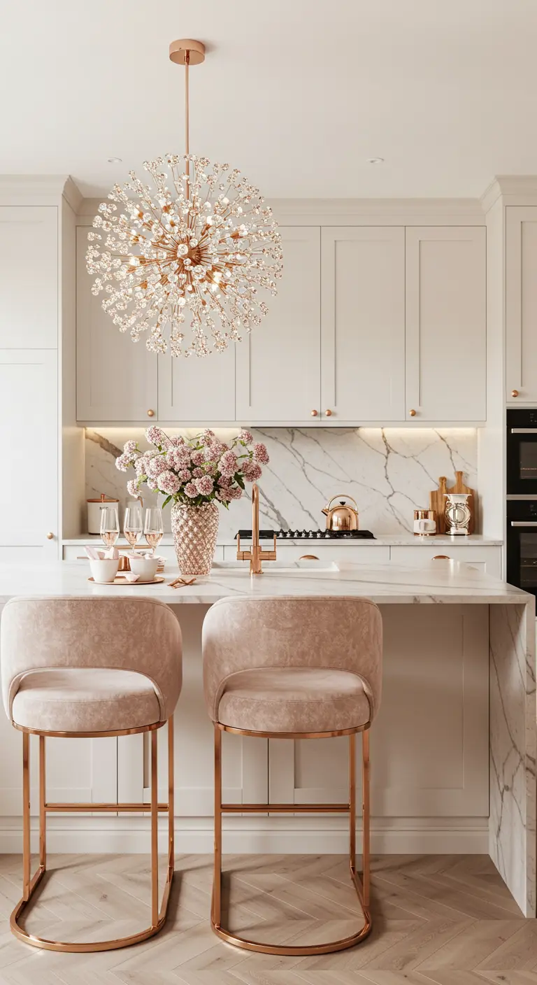 A creamy white kitchen with blush pink velvet stools and a rose gold crystal chandelier.