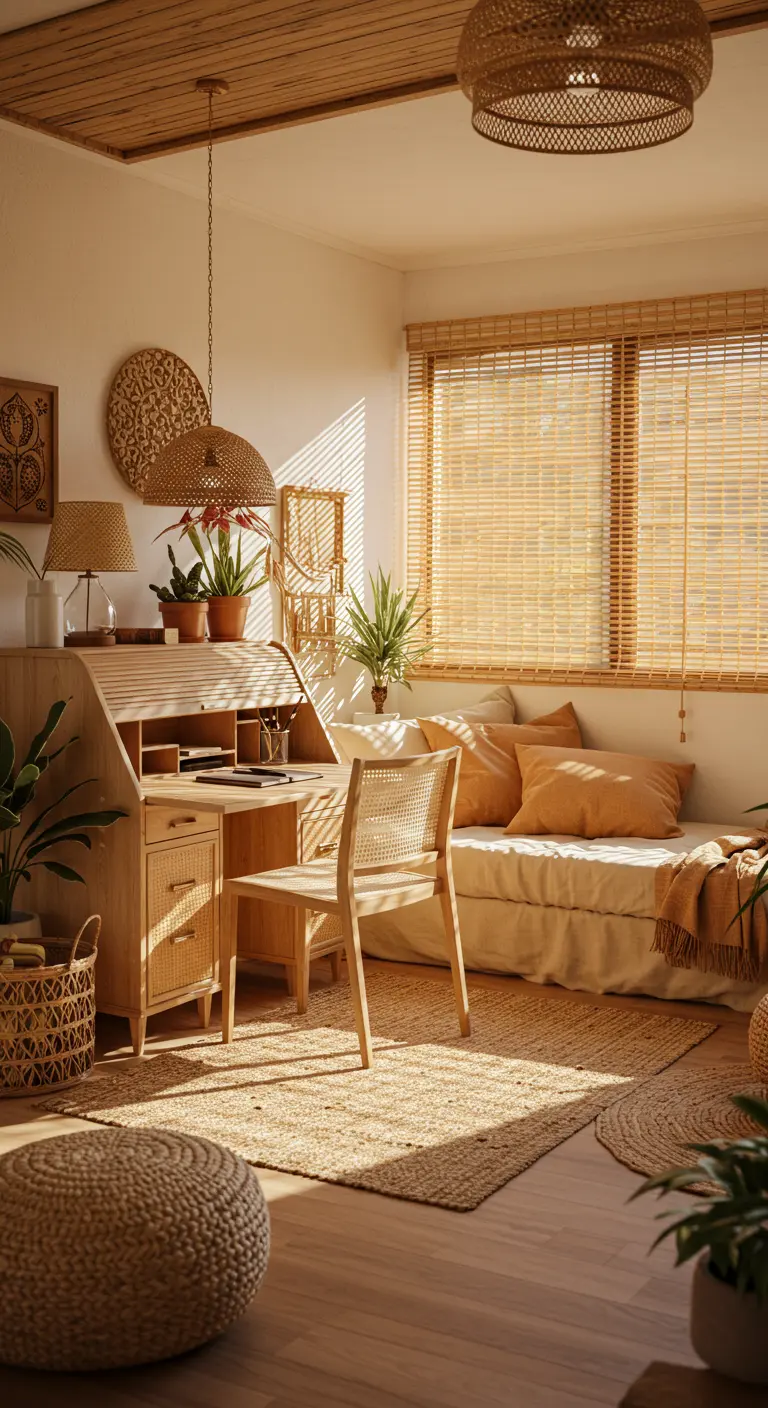 A sunlit boho room with a wooden roll-top desk, rattan chair, and a daybed with neutral cushions.