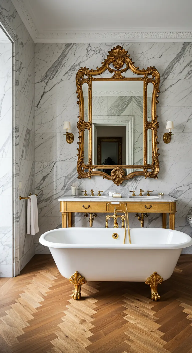 Luxurious bathroom with marble walls, a freestanding tub, and gold fixtures.