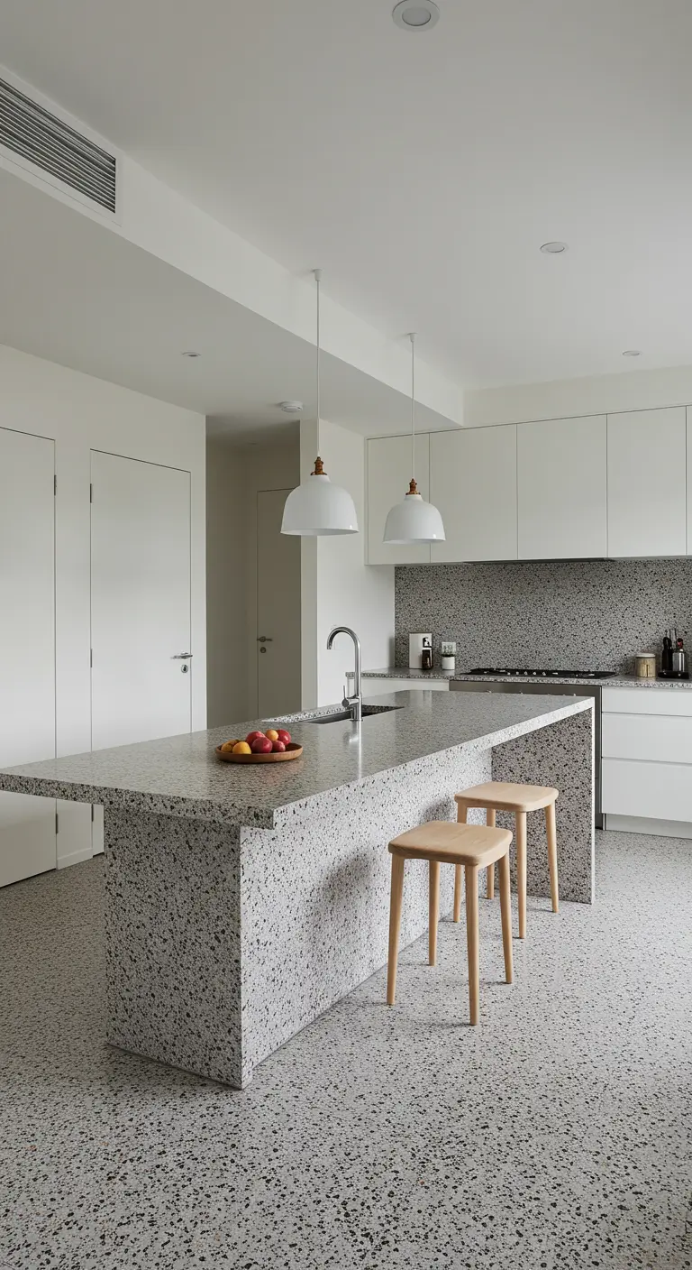 A kitchen with terrazzo flooring that continues up a waterfall island, paired with wood stools.