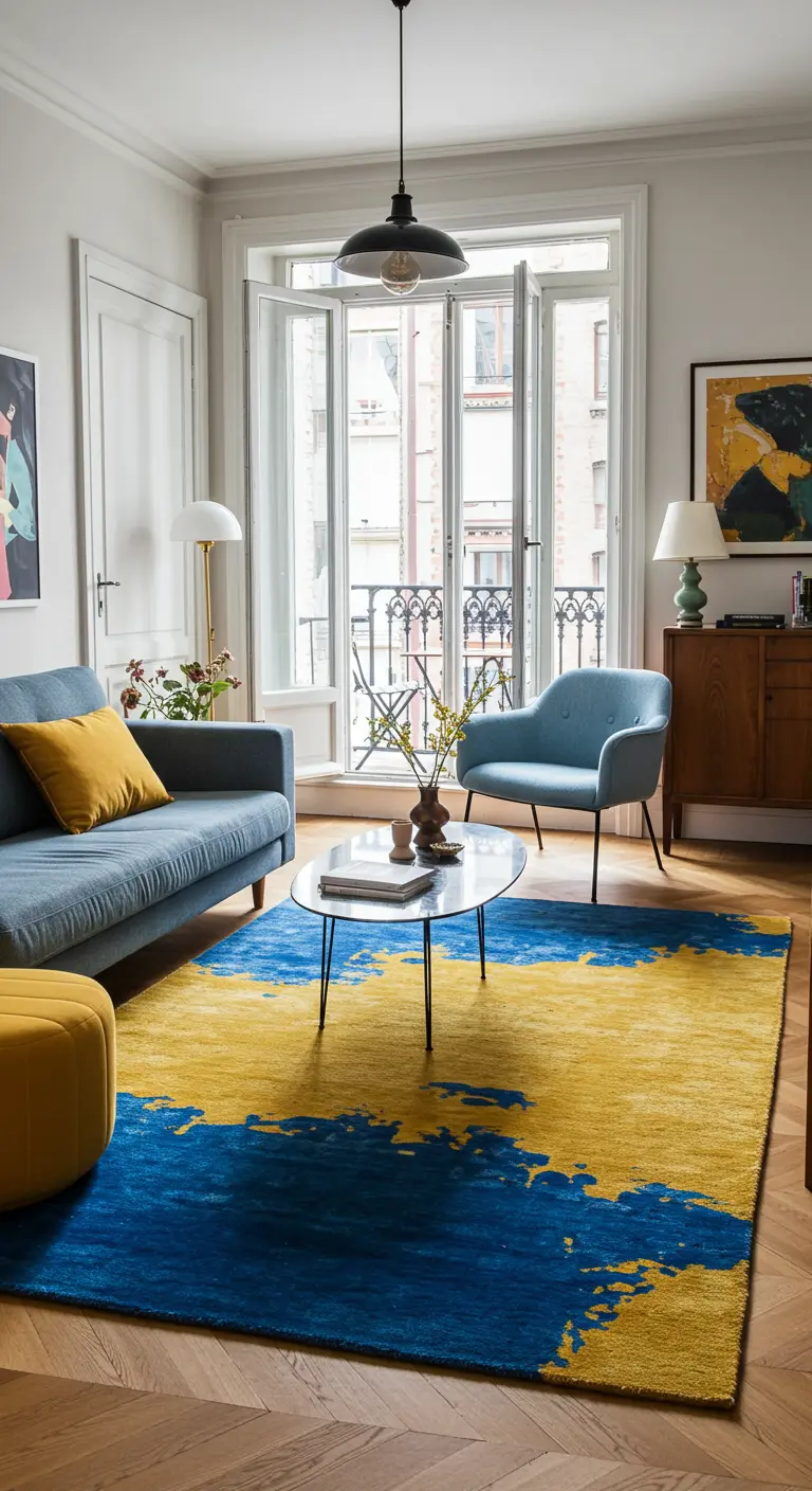 A bold blue and yellow abstract rug anchors a living room with a blue sofa.