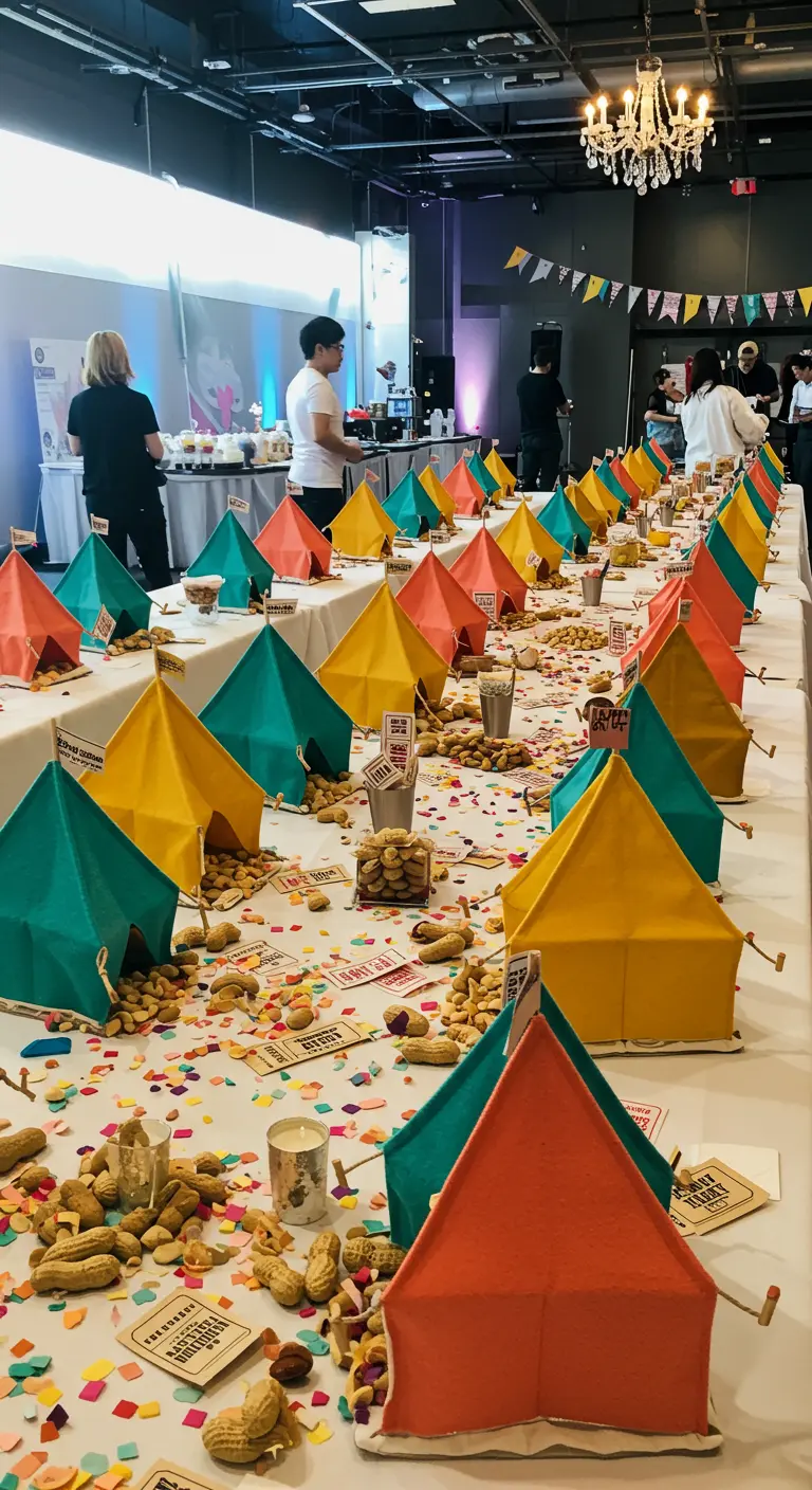 Long table with colorful mini-tent centerpieces, scattered with peanuts and confetti.