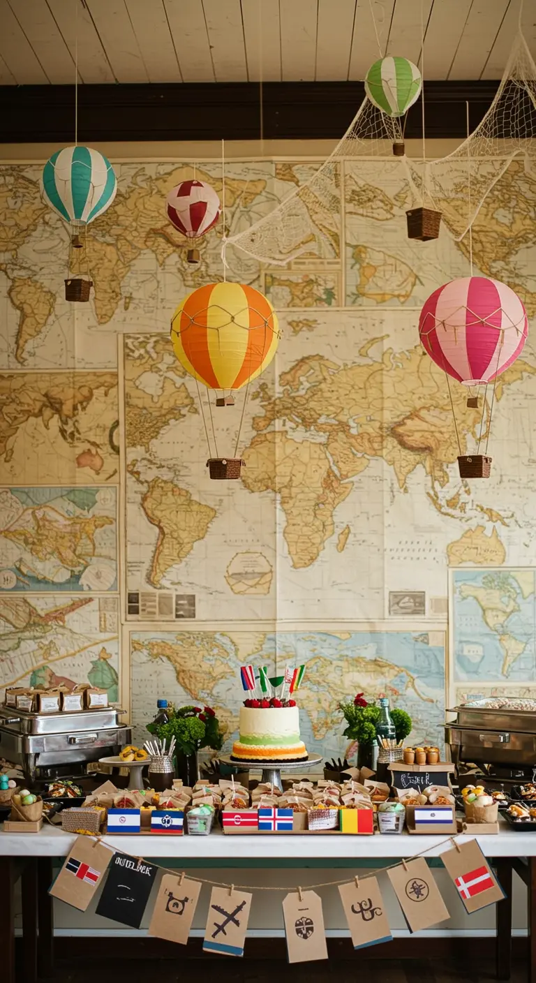 A travel-themed party with a world map backdrop and paper lantern hot air balloons.