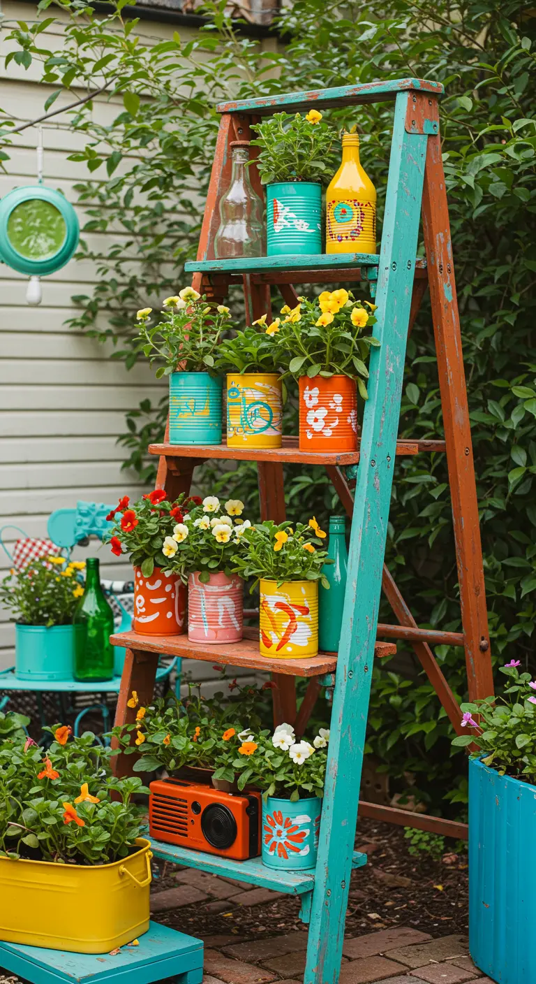 A colorful, mismatched ladder holding flowers planted in brightly painted upcycled tin cans.