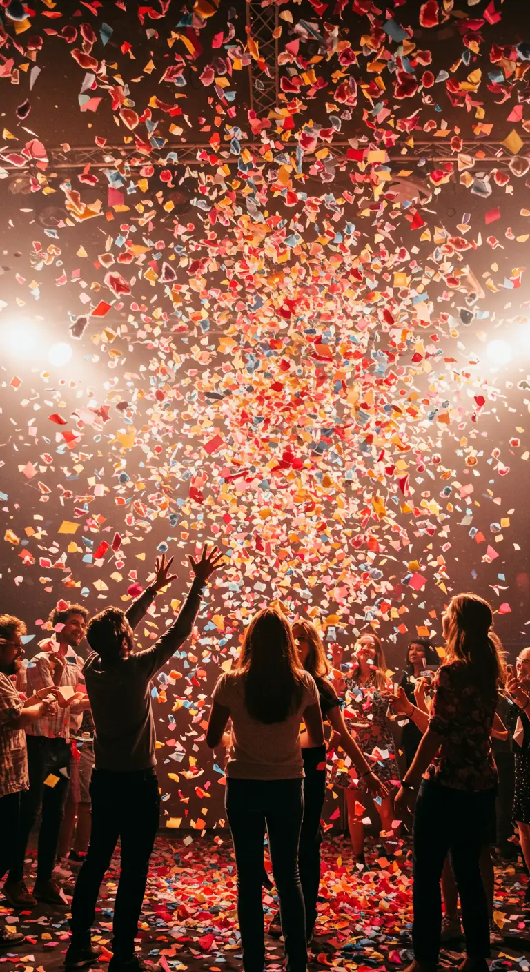 A massive explosion of colorful paper and fabric confetti falling over a dancing crowd.