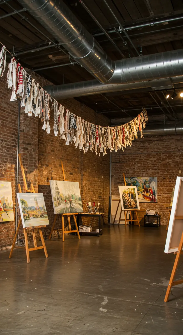 A long garland made of tied fabric scraps hangs in an industrial-style art studio.