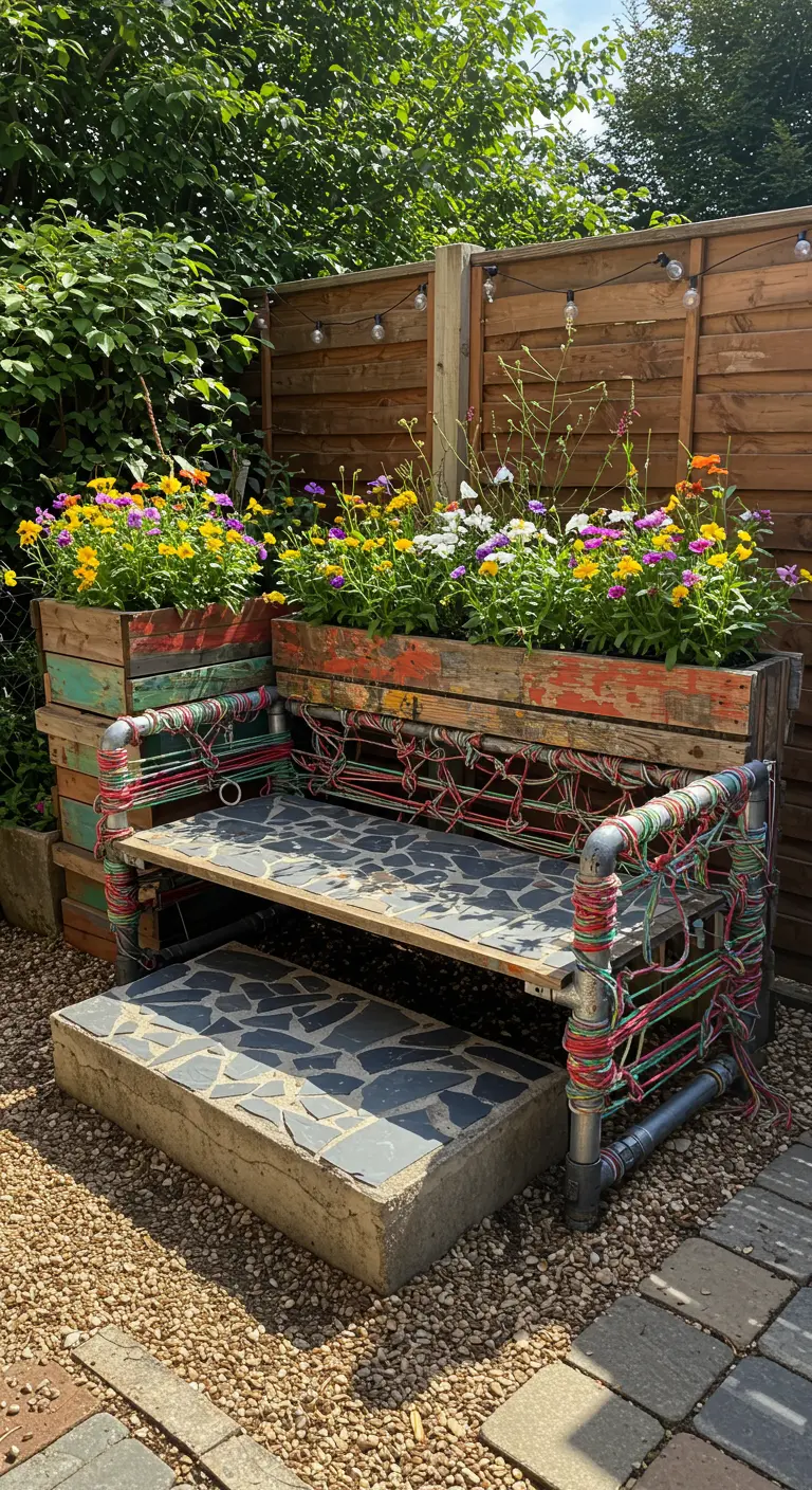 An eclectic, upcycled bench made from pipes, reclaimed wood, and colorful ropes.
